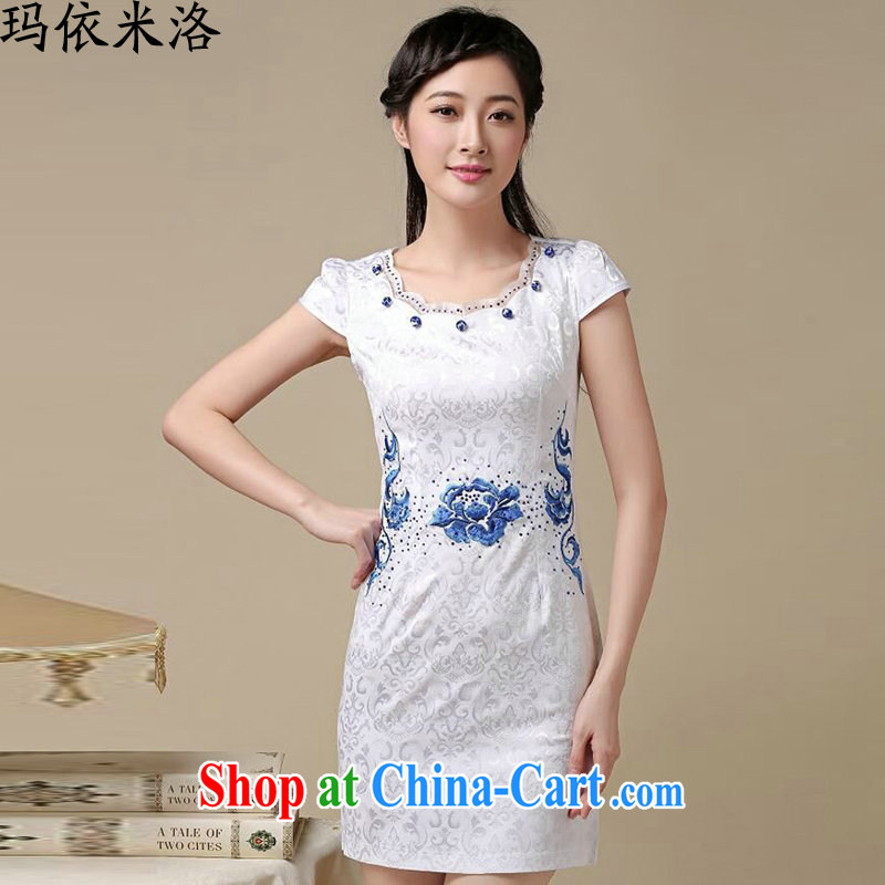 According to her, 2015 summer new, female Ethnic Wind Peony embroidery female qipao dress short-sleeved dresses Blue on white flower XXL, princess in Milot, and shopping on the Internet