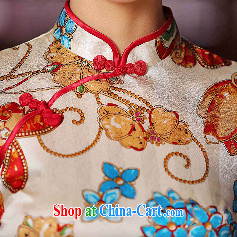 We fu yuan QEPROU summer 2015 New Silk Cheongsam Chinese heavy sauna beauty Silk Dresses retro ethnic wind larger female beige XXXL, Fu Yuan (qeprou), online shopping