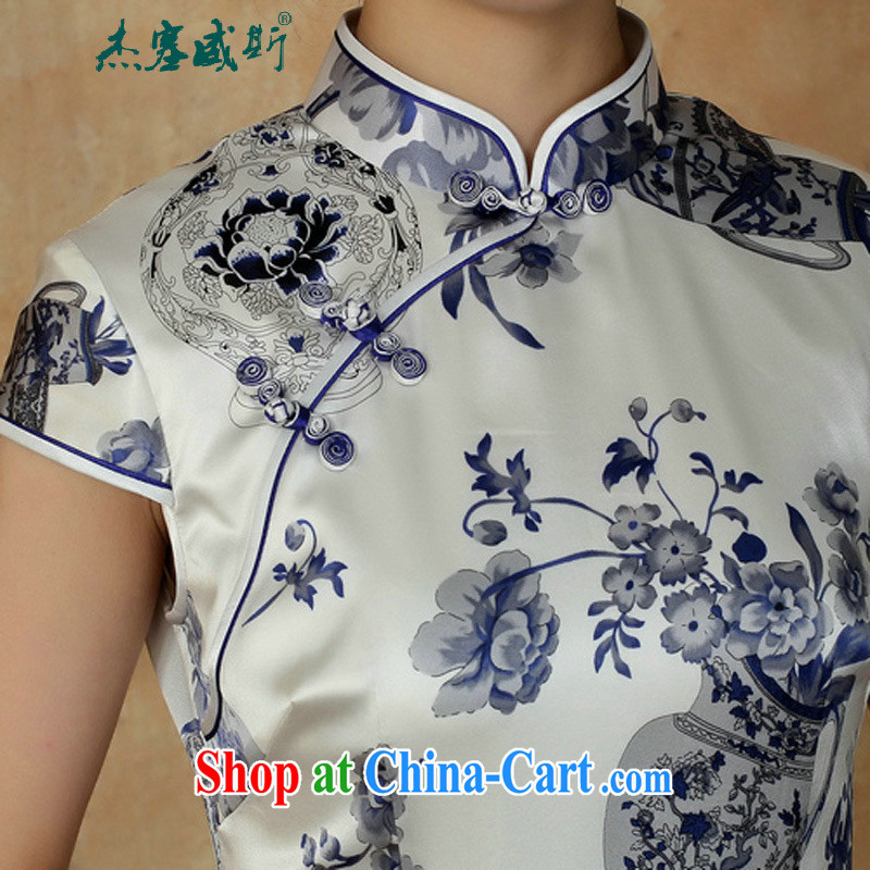 The Jessup, new female summer wear and elegant, manually for the buckle blue and white porcelain short-sleeved Silk Dresses cheongsam blue and white porcelain XXXL, Jessup, and shopping on the Internet