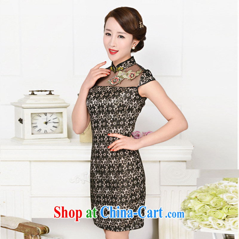 Refreshing new Ethnic Wind and elegant low the forklift truck serving toast improved cheongsam dress summer T-shirt dresses girls black lace two flower Peony flower S, Buckingham Palace Fei-yin, shopping on the Internet