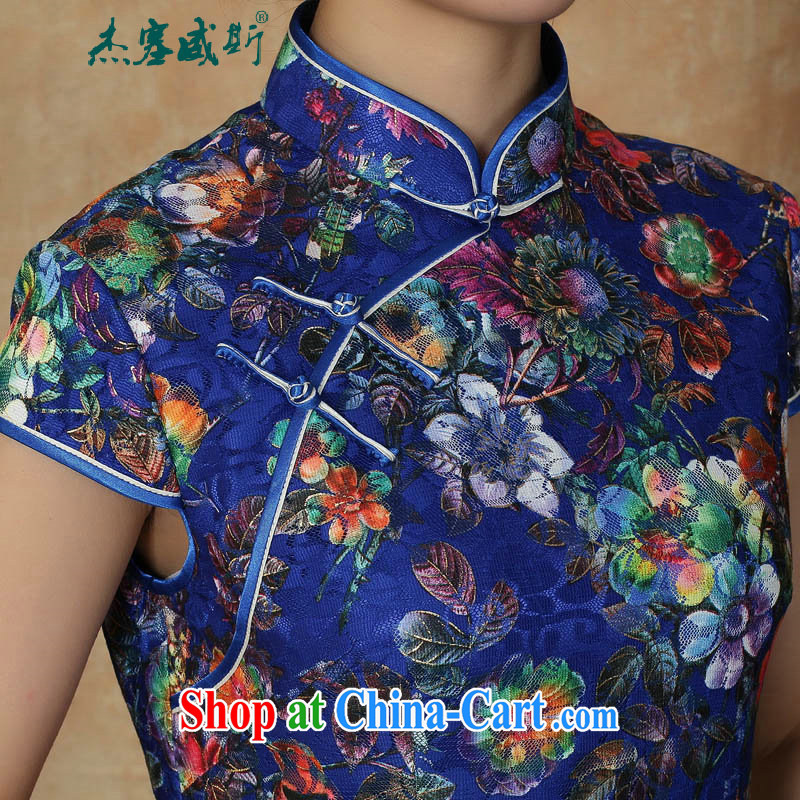 The Jessup, new women's clothing summer stamp lace-up collar manual for short-sleeved dresses cheongsam blue XXL, Jessup, and shopping on the Internet