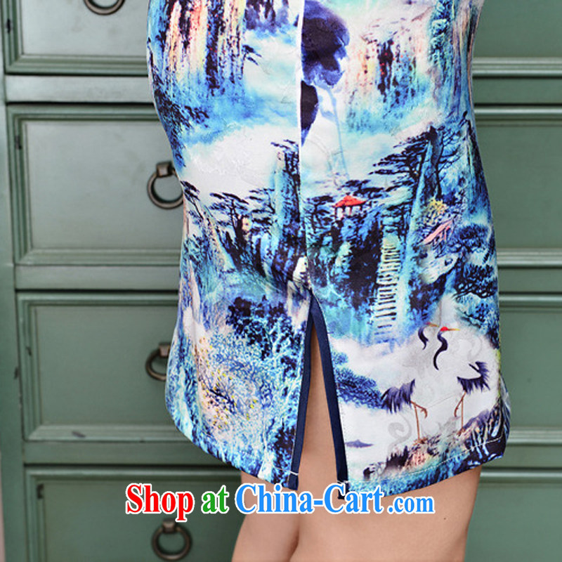 Improved modern cheongsam dress 2015 new summer lady short, cultivating daily cheongsam dress elegance black collar, crane figure L, Domino-hee, shopping on the Internet