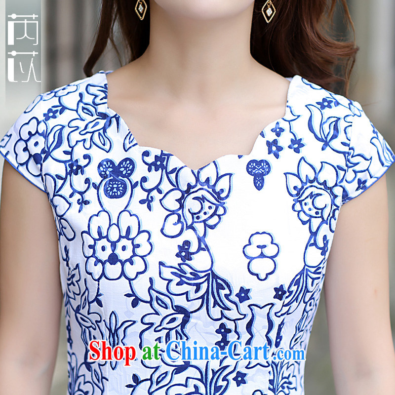 Rawnie/close by 2015 summer new dress blue and white porcelain and elegant short-sleeved dresses retro dresses skirt blue and white porcelain XL, close by (Rawnie), online shopping