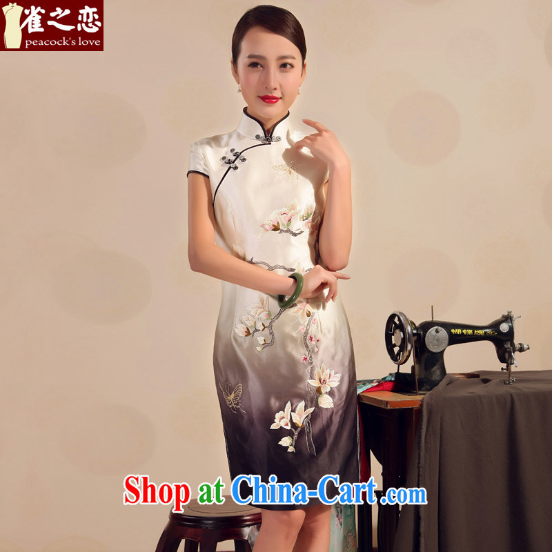 Birds love 2015 new summer skirt outfit improved stylish heavy silk embroidery short cheongsam dress white XXL