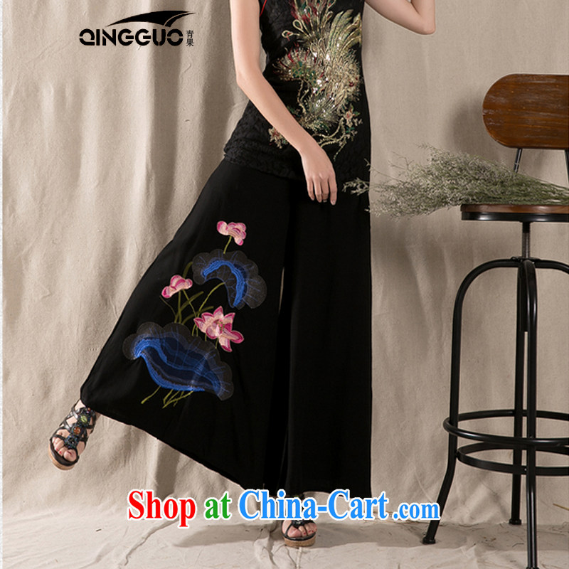 Green fruit 2015 spring and summer new ethnic wind cotton the embroidery wide leg trousers embroidered loose trousers children dress pants black, code, and fruit (QINGGUO), shopping on the Internet
