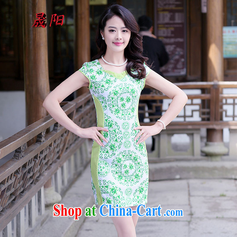 Sung Yang 2015 summer new Korean Beauty graphics thin porcelain was short-sleeved party style dress improved cheongsam dress green XXL