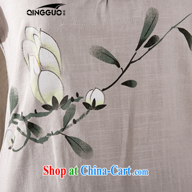 Green fruit 2015 summer new antique Chinese female improved stylish dresses T-shirt cotton Ms. Yau Ma Tei Tong with gray XXL, fruit (QINGGUO), online shopping