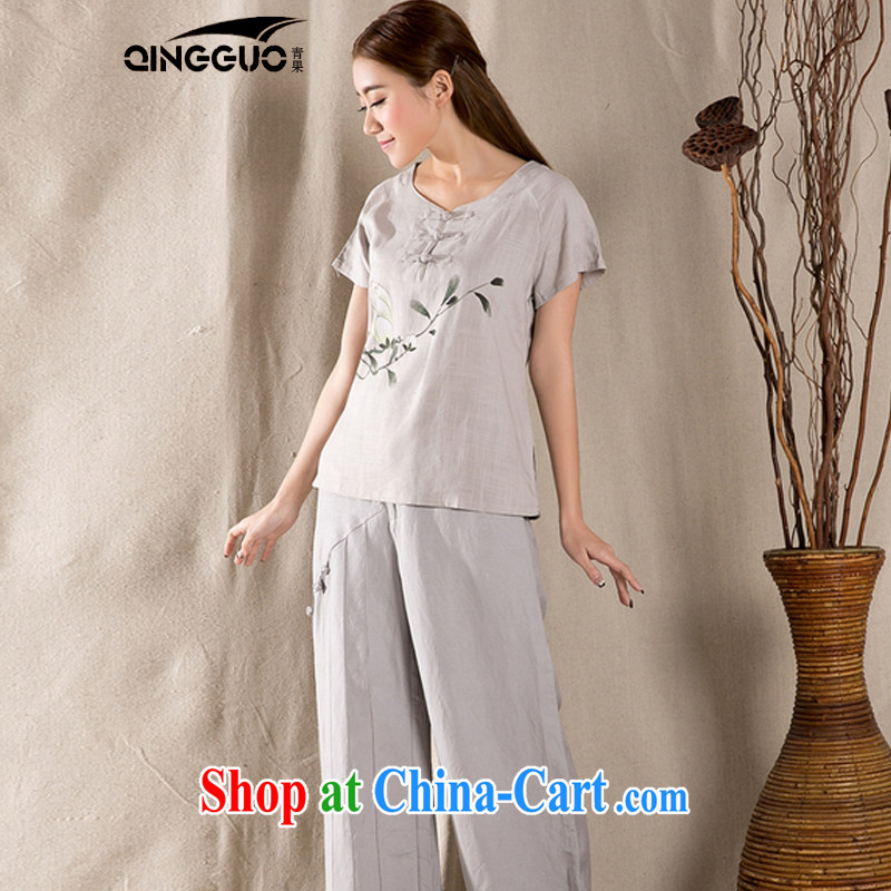 Green fruit 2015 summer new antique Chinese female improved stylish dresses T-shirt cotton Ms. Yau Ma Tei Tong with gray XXL, fruit (QINGGUO), online shopping