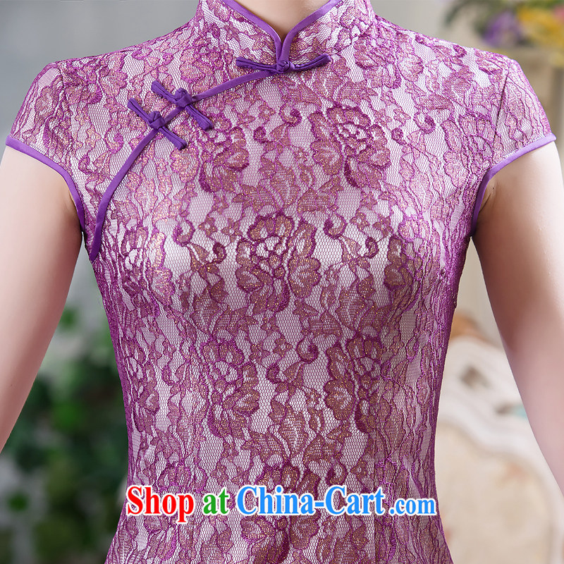 Love spell Fort Lauderdale 2015 new summer purple cheongsam noble Openwork lace-up retro style beauty short cheongsam purple XXL (98 / 80/102, love the Fort, shopping on the Internet