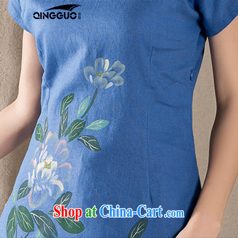 Green fruit 2015 summer new, short Chinese qipao T-shirt retro, cotton for the female short-sleeved improved Tang blue XXL, fruit (QINGGUO), shopping on the Internet