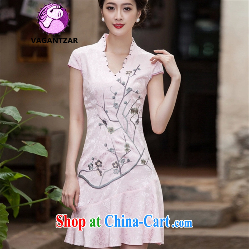 VAGANTZAR 2015 summer new women with short-sleeved V collar embroidered Phillips nails Pearl crowsfoot with embroidery short cheongsam girls Q 1123 red XL, VAGANTZAR, shopping on the Internet