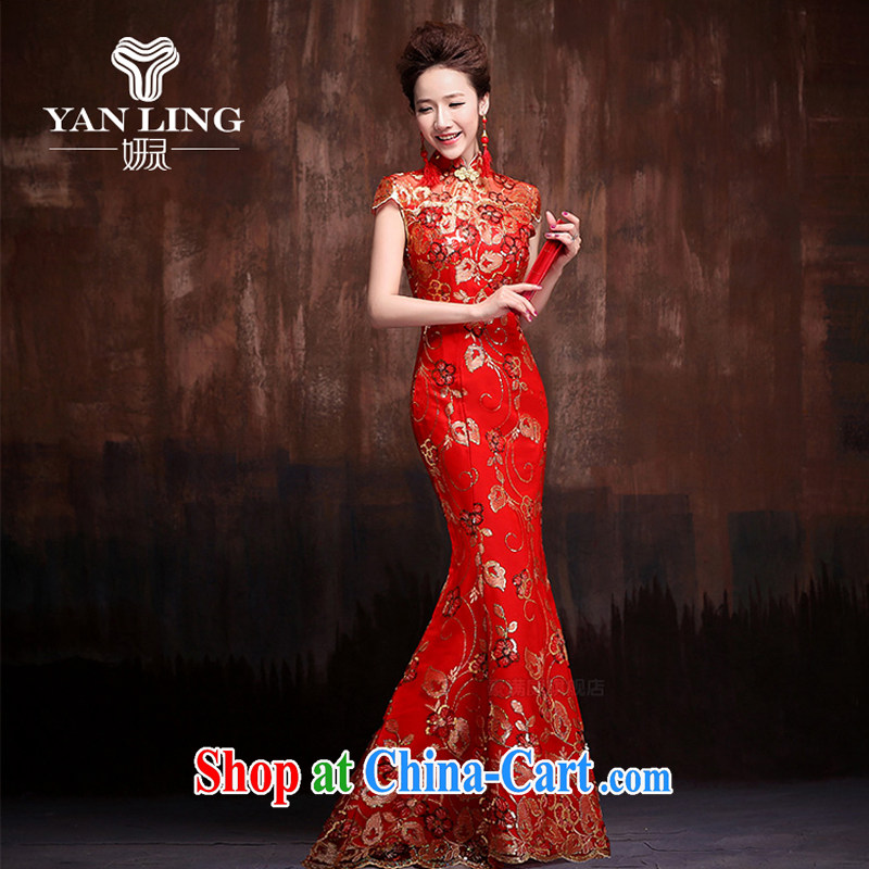 Bridal red retro improved cheongsam wedding service 2015 new lace crowsfoot cultivating short-sleeve long cheongsam aura XL, her spirit, and shopping on the Internet