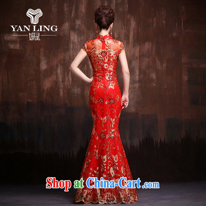 Bridal red retro improved cheongsam wedding service 2015 new lace crowsfoot cultivating short-sleeve long cheongsam aura XL, her spirit, and shopping on the Internet