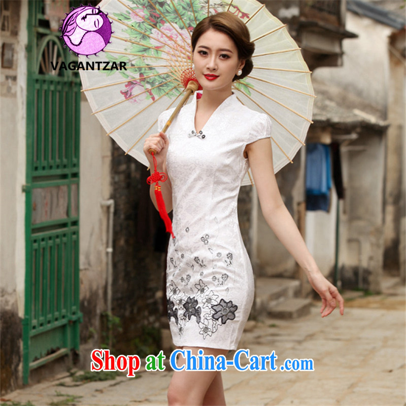 VAGANTZAR 2015 summer new women with stylish retro daily short-sleeved short cheongsam dress female Q 1120 white XL