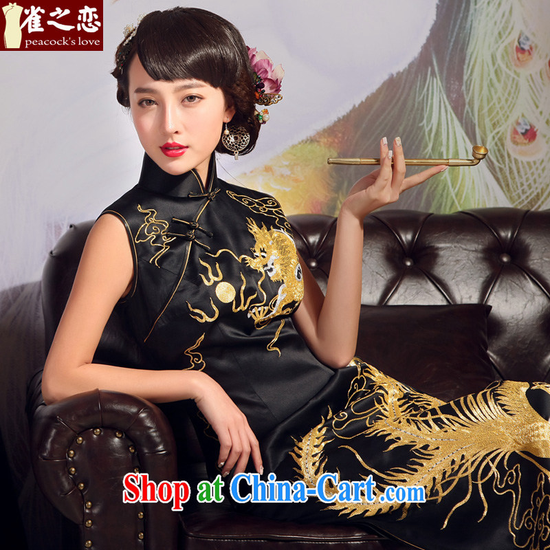Birds love 2015 new dresses summer heavy Silk Cheongsam dress manual Suzhou embroidery is splendid long cheongsam Black - pre-sale 20 days XXL