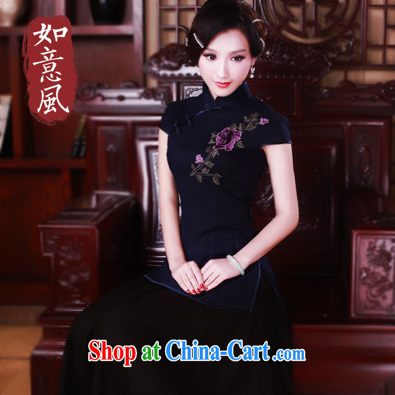 Unwind after the 2015 Chinese female T-shirt stylish and improved retro cotton the cheongsam Chinese female short-sleeve 5023 blue XL sporting, wind, shopping on the Internet