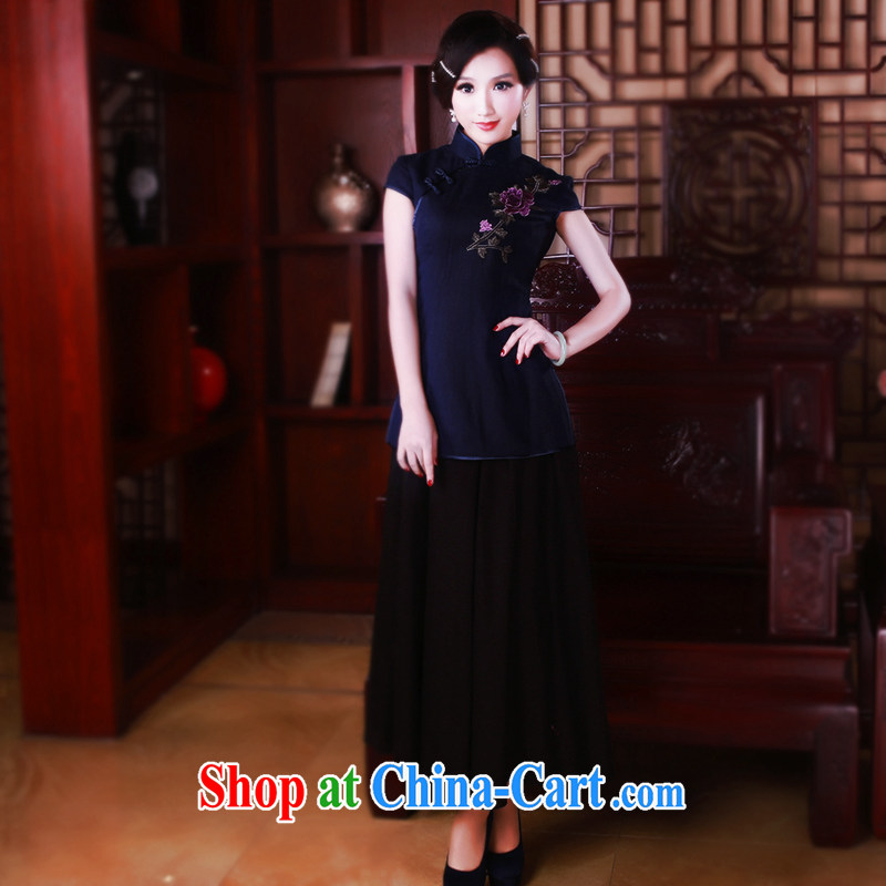 Unwind after the 2015 Chinese female T-shirt stylish and improved retro cotton the cheongsam Chinese female short-sleeve 5023 blue XL sporting, wind, shopping on the Internet