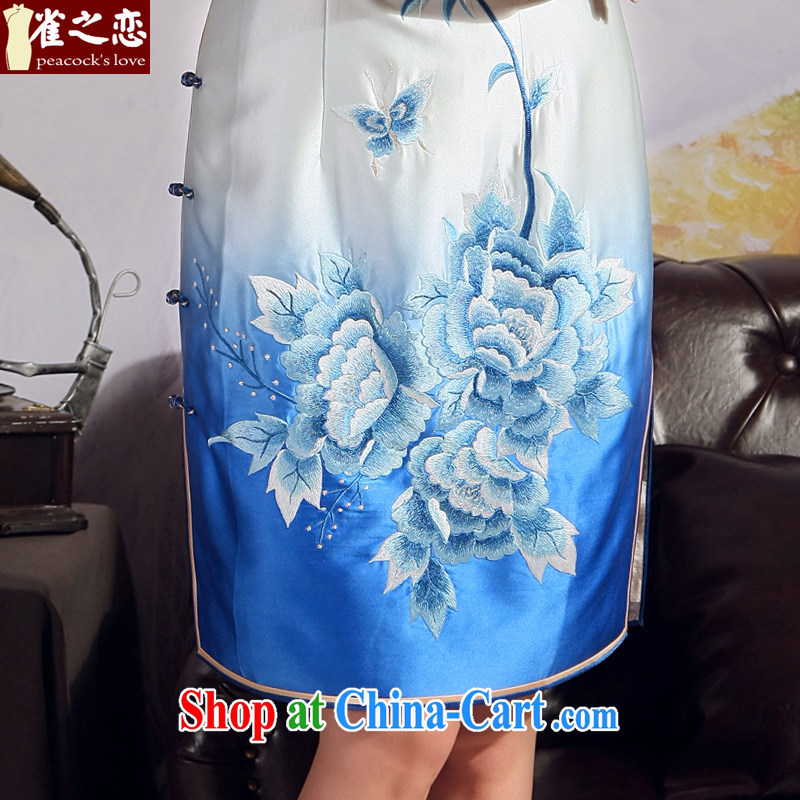 Birds love 2015 summer new retro improved stylish heavy silk embroidered cheongsam gradient blue - pre-sale 20 days XXL, birds of the land, and, on-line shopping