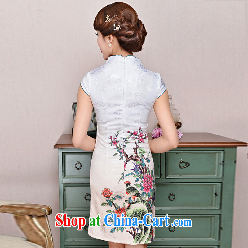 Refreshing new Ethnic Wind elegant low on the truck serving toast improved cheongsam dress summer T-shirt dresses female White Peacock peony flowers XXL, refreshing, and shopping on the Internet