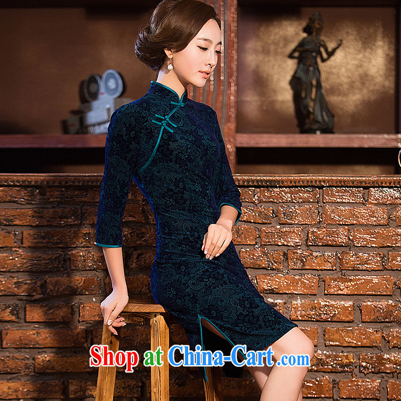 Love spell Fort Lauderdale 2015 new autumn day dresses retro improved elegance in cultivating cuff cheongsam dress, plush robes dark blue XXL (98 / 80/102, love the Fort, shopping on the Internet