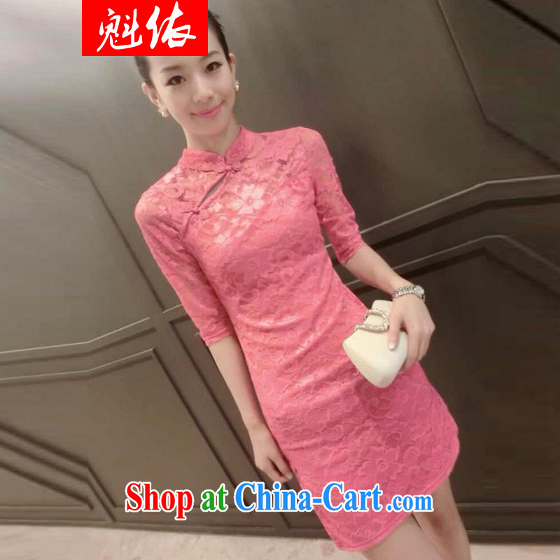 Quebec 2015 in accordance with the European site autumn and the new lace beauty graphics thin cheongsam dress pink L
