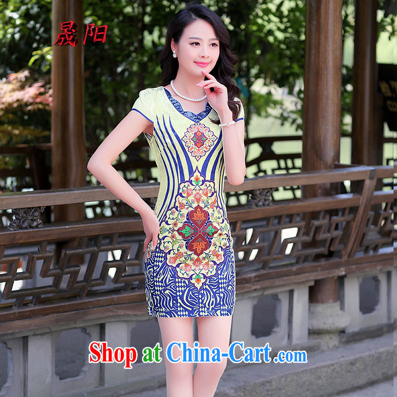 Sung Yang 2015 summer new short-sleeved round neck ripple blue and white porcelain beauty graphics thin improved cheongsam dress red stripes XXL, Sung-yang (shengyang), online shopping