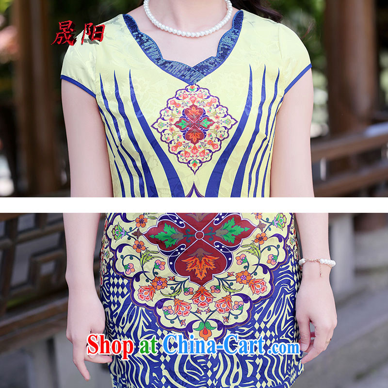 Sung Yang 2015 summer new short-sleeved round neck ripple blue and white porcelain beauty graphics thin improved cheongsam dress red stripes XXL, Sung-yang (shengyang), online shopping