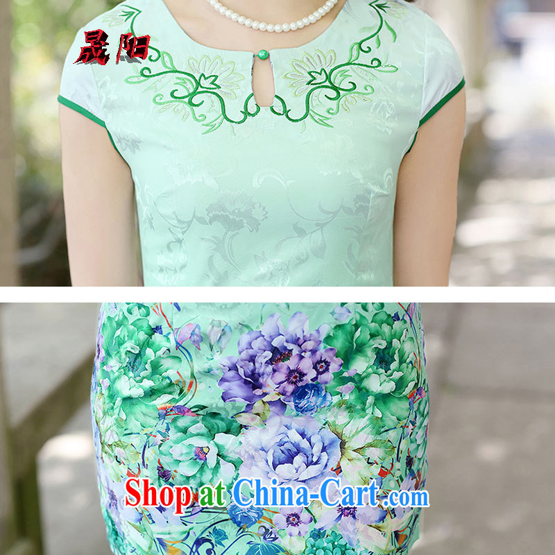 Sung Yang 2015 summer new Korean version cultivating short-sleeved round-collar Peony stamp improved cheongsam dress green the peony flower XXL, Sung-yang (shengyang), online shopping