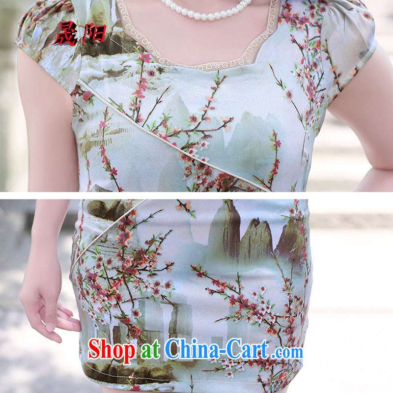 Sung Yang 2015 summer New Beauty video thin short-sleeve crew-neck landscape stamp improved cheongsam dress blue Sun Flower L, Sung-yang (shengyang), shopping on the Internet