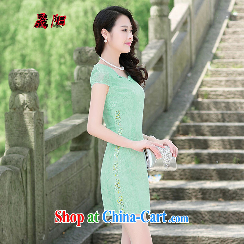 Koo Dae-sung Yang 2015 summer New Beauty video thin short-sleeved personalized party for manually staple Pearl solid lace improved cheongsam dress Green Green XL, Sung-yang (shengyang), online shopping