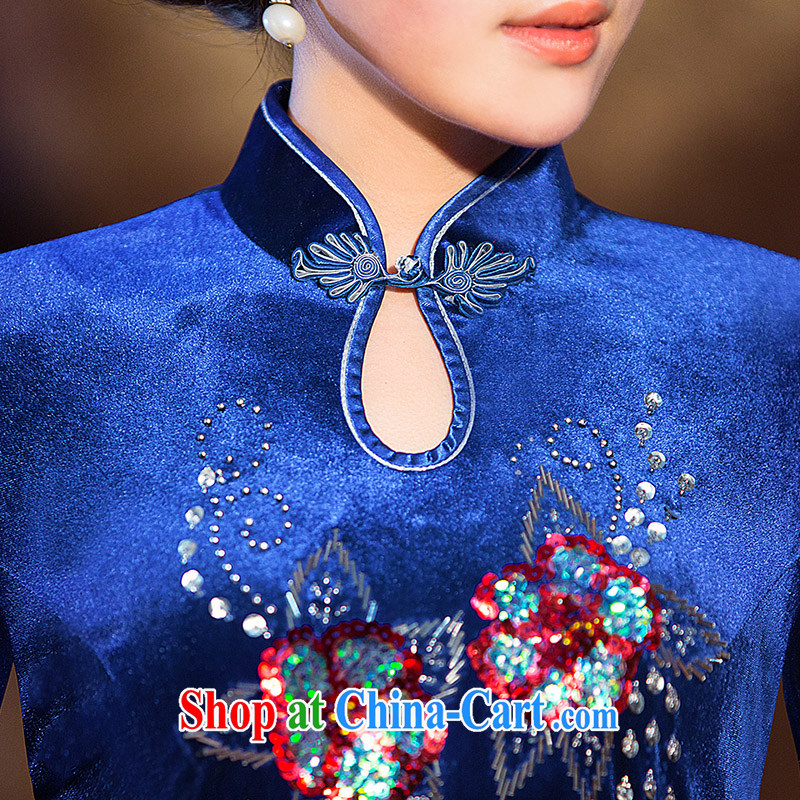 Love spell Fort 2015 new daily fashion velvet cuff in short spring and autumn and replace the older mom with dress cheongsam blue XXL (98 / 80/102, love the Fort, shopping on the Internet