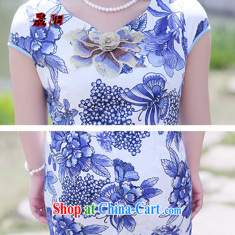 Sung Yang 2015 summer New Beauty video thin the aging trend stamp short-sleeved round-collar improved cheongsam dress Blue on white flower XXL, Sung-yang (shengyang), shopping on the Internet