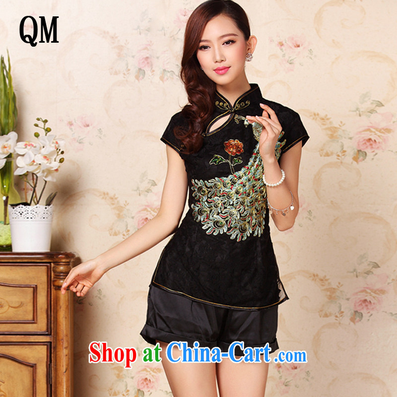 Shallow end _QM_ summer, and embroidery improved stylish dresses T-shirt ethnic Chinese wind female Chinese XWG 5808 black XXXL