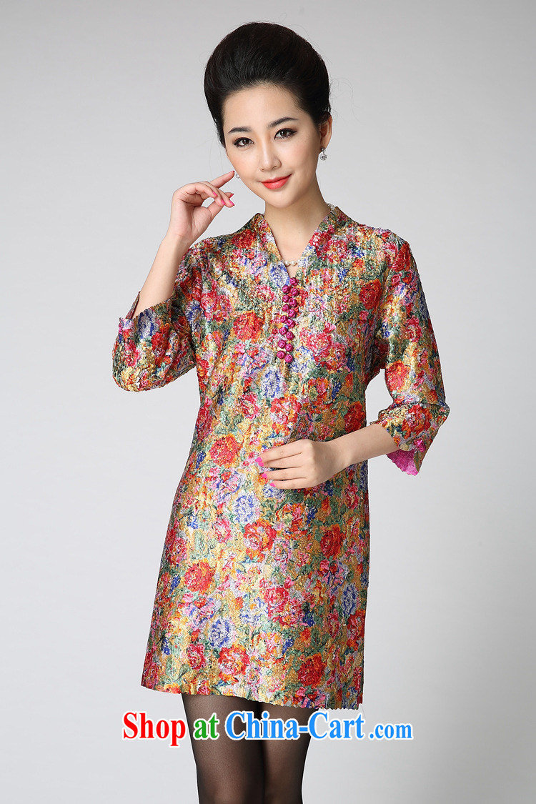 Qin Qing store 15 spring new XL female temperament mom with skirt cultivating silk stamp 7 cuff dress yellow XXXL pictures, price, brand platters! Elections are good character, the national distribution, so why buy now enjoy more preferential! Health