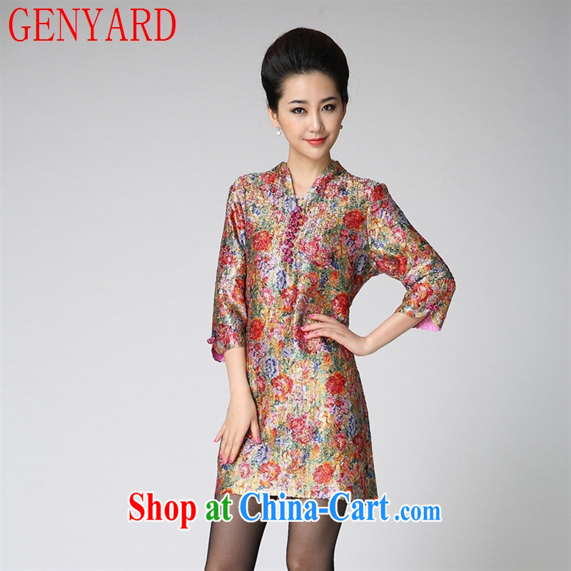 Qin Qing store 15 spring new XL female temperament mom with skirt cultivating silk stamp 7 cuff dress yellow XXXL, GENYARD, online shopping