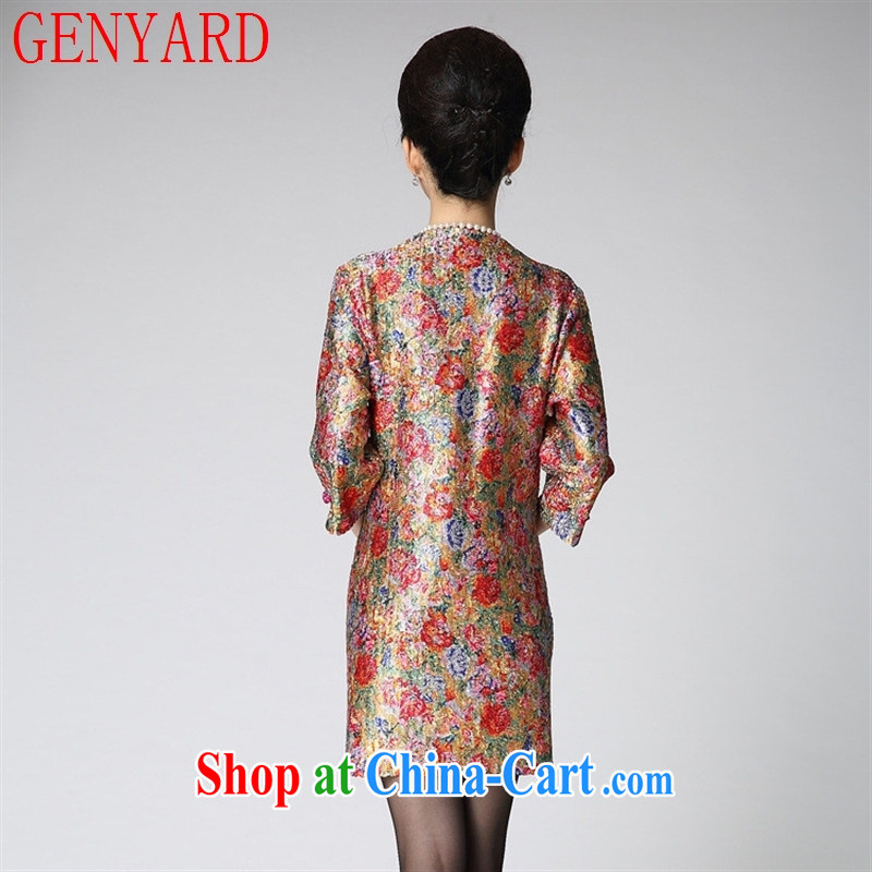 Qin Qing store 15 spring new XL female temperament mom with skirt cultivating silk stamp 7 cuff dress yellow XXXL, GENYARD, online shopping