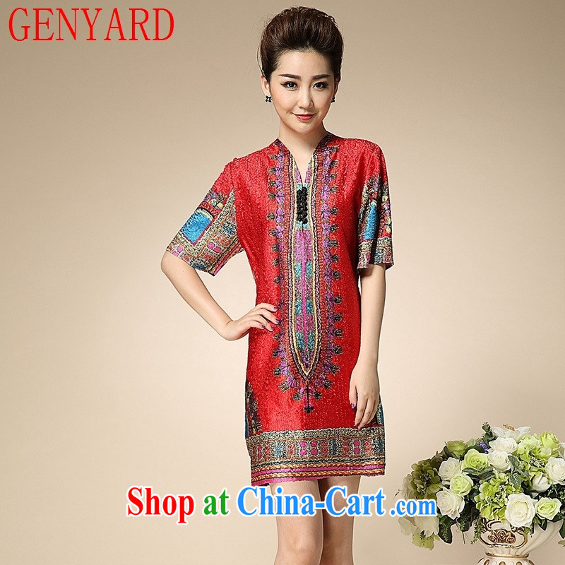 Qin Qing store silk creases stamp short-sleeved dress 15 new, older and indeed intensify festive MOM women's clothes red 3 XL