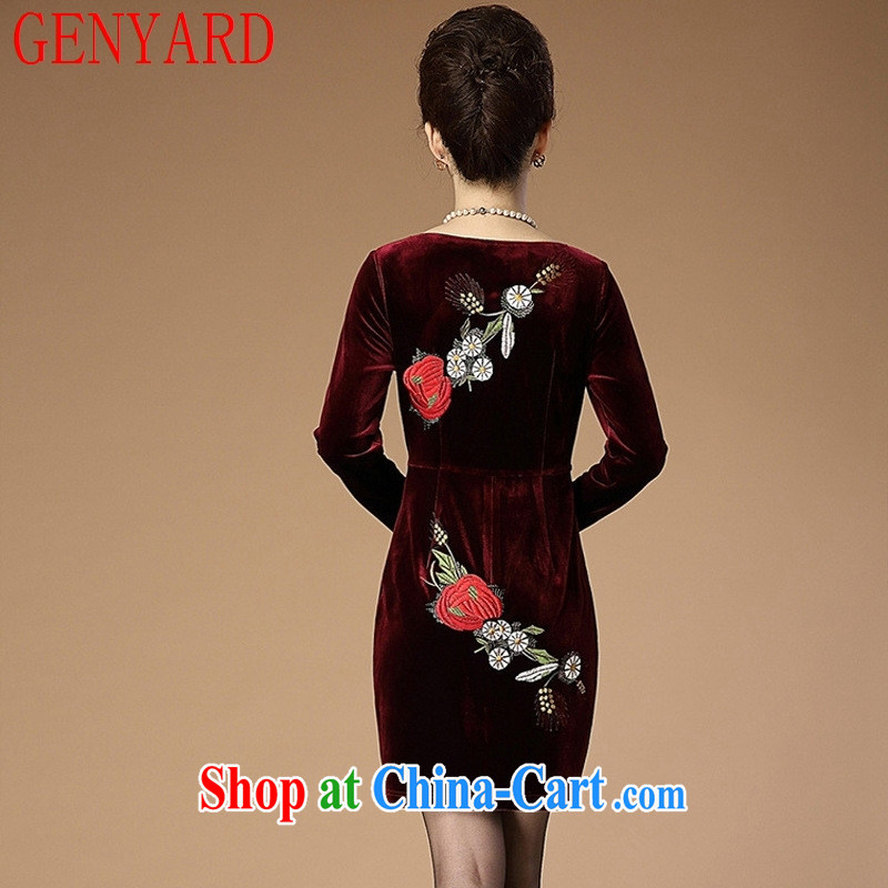Qin Qing store spring new embroidered gold velour long sleeved dress middle-aged mother with dresses N 1556 wine red 4 XL, GENYARD, shopping on the Internet