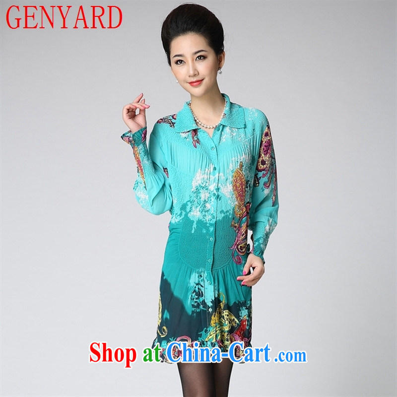 Qin Qing store burglary, spring and autumn 2015 the new, older women cultivating long-sleeved silk stamp dresses N 14,211 blue XXL, GENYARD, shopping on the Internet