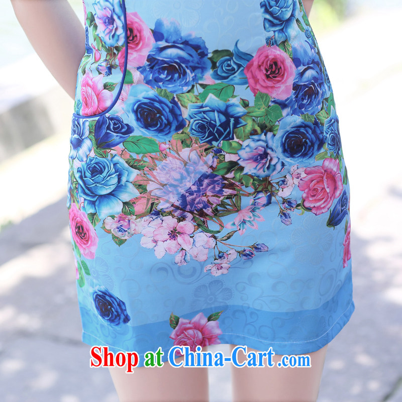 Appeals to appeal to summer 2015 new retro improved quality sauna silk short-sleeved dresses girls dresses blue rose M, called on appeal, and online shopping
