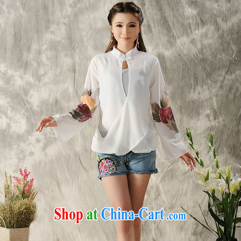 2015 new Summer Snow woven long-sleeved short stamp retro-tie cheongsam stylish ethnic wind blouses black XL