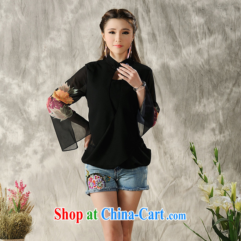 2015 new Summer Snow woven long-sleeved short stamp retro-tie cheongsam stylish ethnic wind blouses black XL, Mine Style, shopping on the Internet