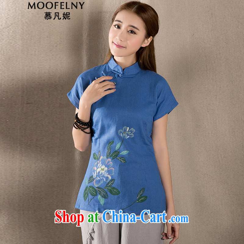 The Stephanie summer 2015 New Products short Chinese qipao T-shirt retro, cotton for the female short-sleeved improved Chinese Z 1216 blue XXL