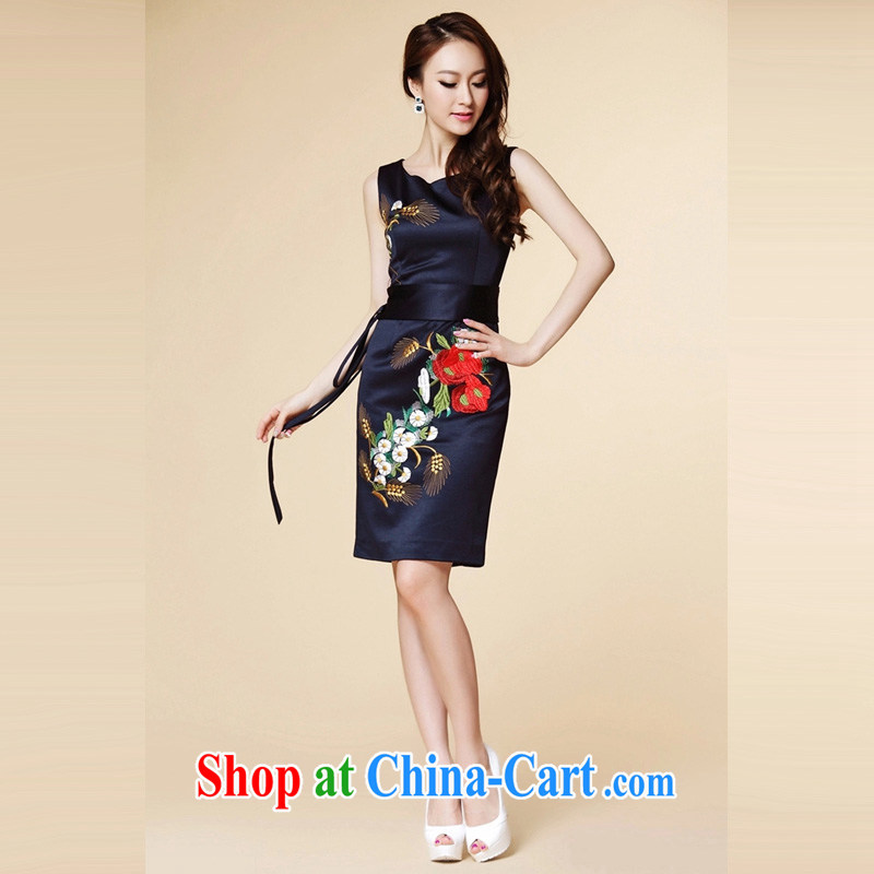 2015 European site new dresses in Europe and the heavy industry embroidery damask sleeveless round neck dress dark blue XL, Mine Style, shopping on the Internet