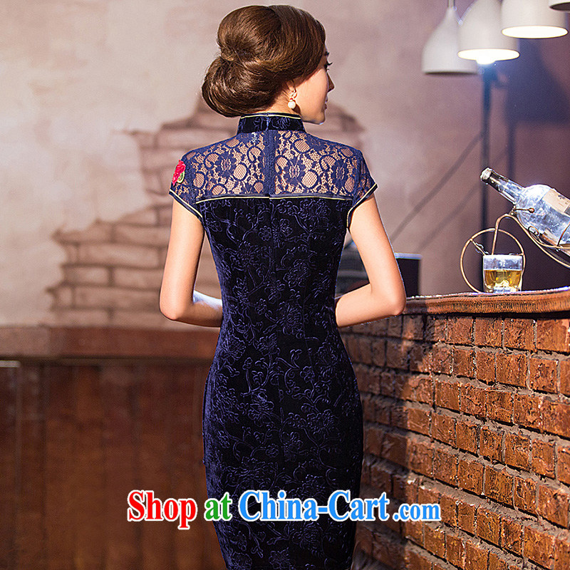 Love spell Fort Lauderdale 2015 new daily cheongsam dress summer stylish graphics thin beauty short, short-sleeve, collar lace banquet Chinese qipao dark blue XXL (98 / 80/102, the Fort, and on-line shopping