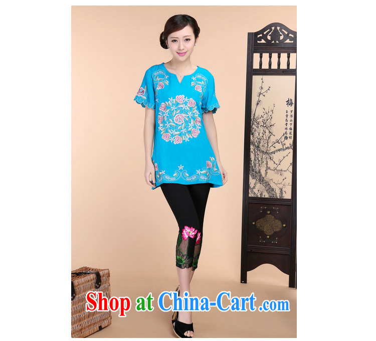 Barbie charm and Asia 2015 summer beauty antique embroidered Chinese short-sleeved round-collar short-sleeve, long T-shirt solid pants two piece set blue T-shirt XXXL pictures, price, brand platters! Elections are good character, the national distribution, so why buy now enjoy more preferential! Health