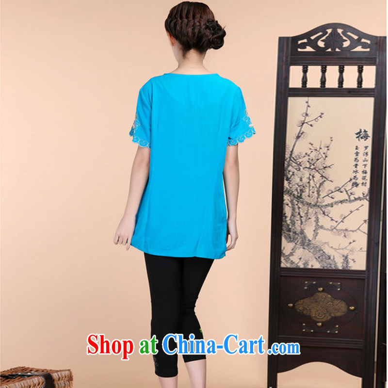 Hip Hop charm and Asia 2015 summer beauty antique embroidered Chinese short-sleeved round-collar short-sleeve, long, solid color T-shirt pants two piece set with blue T-shirt XXXL, charm and Asia Pattaya (Charm Bali), online shopping