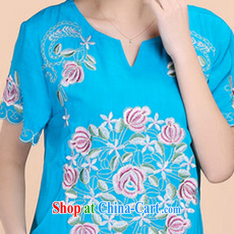Hip Hop charm and Asia 2015 summer beauty antique embroidered Chinese short-sleeved round-collar short-sleeve, long, solid color T-shirt pants two piece set with blue T-shirt XXXL, charm and Asia Pattaya (Charm Bali), online shopping