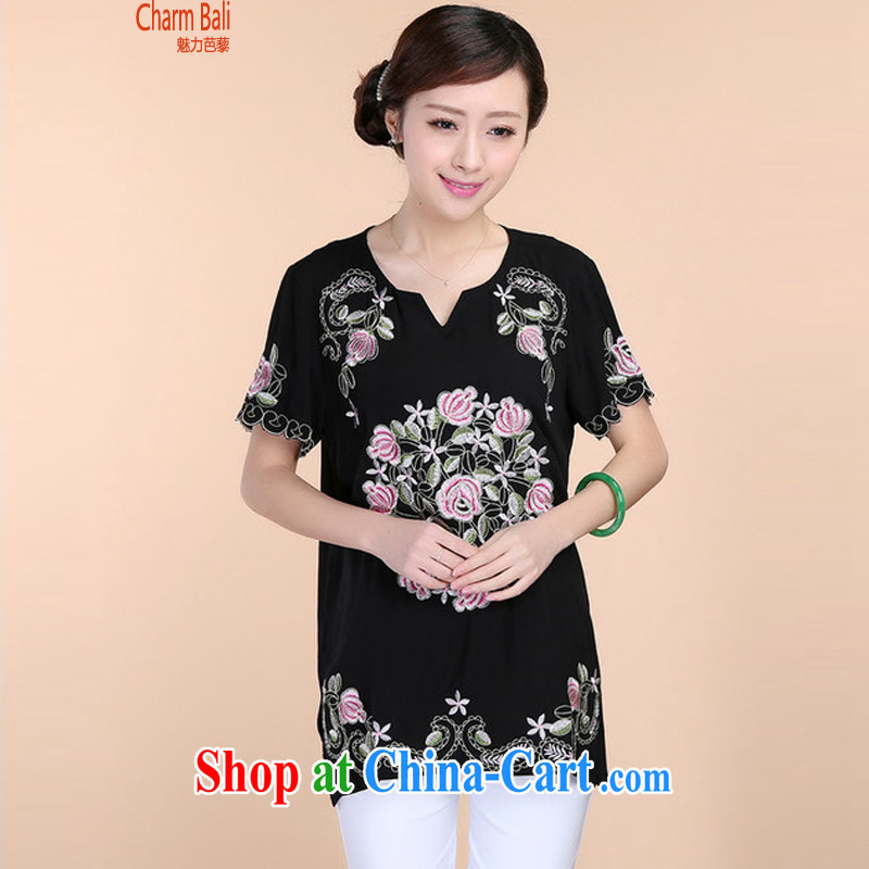 2015 summer beauty antique embroidered Chinese short-sleeved round-collar short-sleeve, long T-shirt solid pants Two Piece Set with black T-shirt XXXL