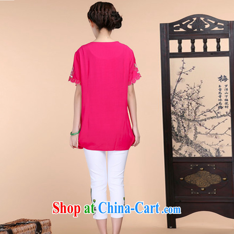 2015 summer beauty antique embroidered Chinese short-sleeved round-collar short-sleeve, long, solid color T-shirt pants two piece set with the red T-shirt XXL, charm and Asia Pattaya (Charm Bali), online shopping